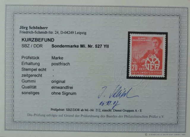 DDR Michel-Nr 527 YII ** postfrisch Befund Schönherr BPP