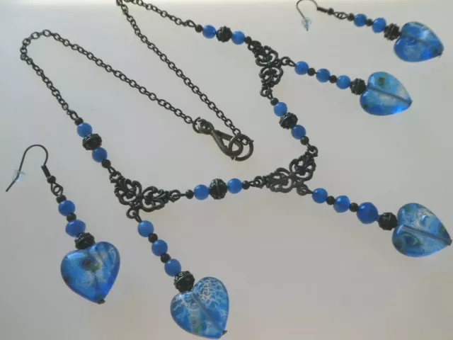 Vintage Art Deco Style Blue Faux Venetian Glass Necklace, Long Matching Earrings