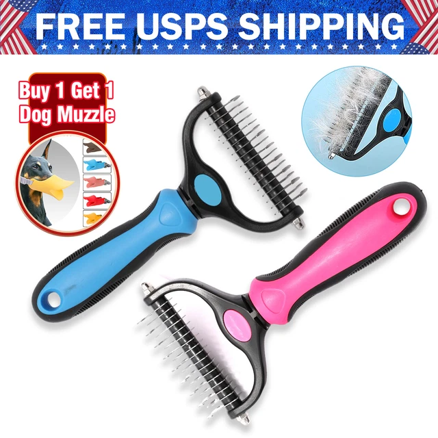Pet Grooming Brush 2 Sided Shedding Hair Remover Undercoat Rake w/ Dog Muzzle