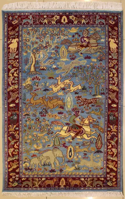 Rugstc 3x5 Senneh Pak Persiann Blue Rug,Hand-Knotted,Pictorial Hunting,Silk/Wool