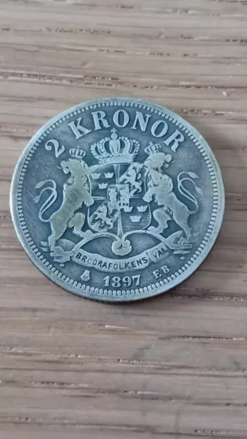 1897 2 Kronor Antique Silver Coin Sweden Swedish Oscar II