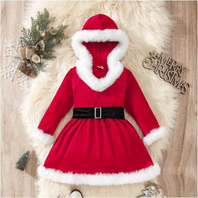 Toddler Baby Girl Christmas Costume Fluffy Xmas Dress Hooded Long Sleeve Cute