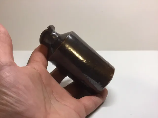 Antique Rich Brown Colored Stoneware Master Ink Bottle With Pour Spout.