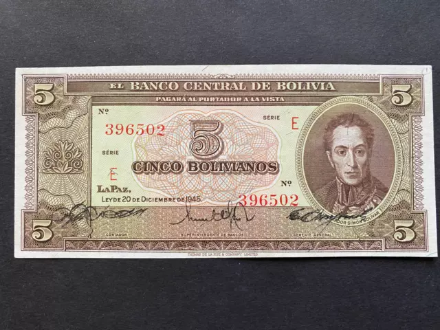 BOLIVIA, 1945, Billete Banco Central de Bolivia, CINCO BOLIVIANOS, Serie E, Unc