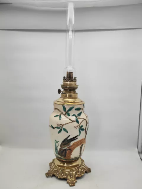 Ancienne Lampe A Petrole Barbotine Faience Et Bronze Haut 57 Cm I157