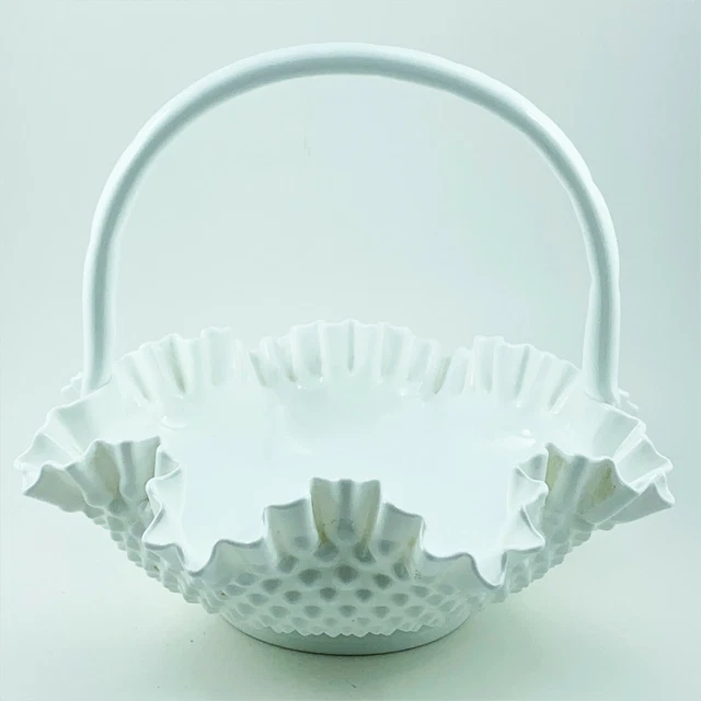 Milk Glass Large Basket Bowl Hobnail Ruffled Rim