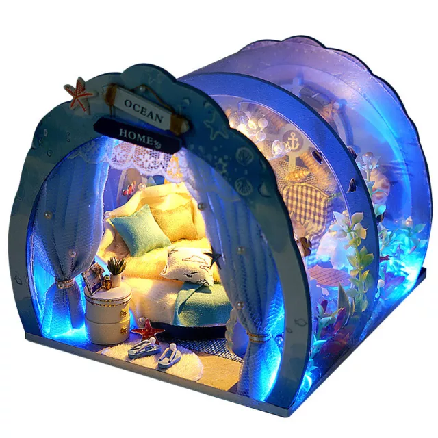 1x Mini Dollhouse Kit Ocean Theme Room Box Light Miniature DIY Handmade Gift