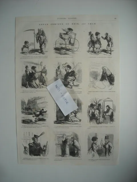 Gravure 1869. Revue Comique Du Mois, Par Cham. 12 Caricatures Avec Legendes.