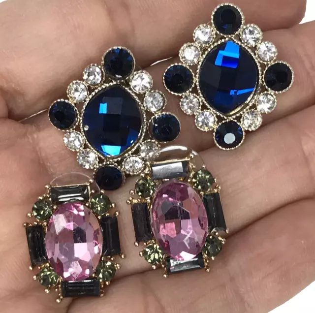 Lot of 2 Pair Crystal Rhinestone Pierced Bling Earrings Pink Purple, Blue Clear