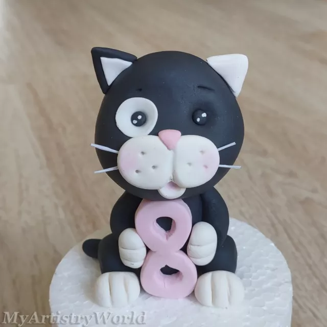 Edible 3D fondant/gum paste Black Cat holding a number cake topper