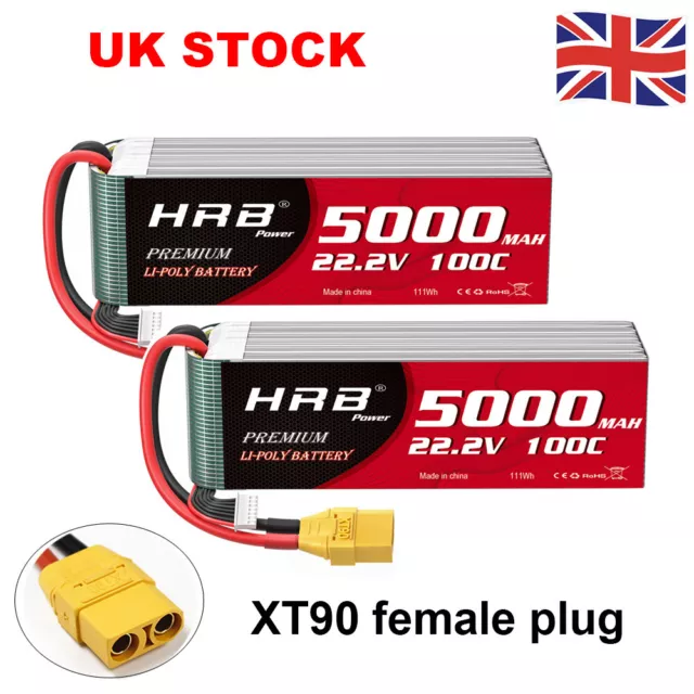 2pcs HRB 22.2V 6S 5000mAh 100C XT90 LiPo Battery for RC Helicopter Drone Truck