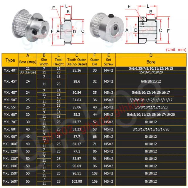 MXL Timing Belt Pulley 48-160 Teeth 5-20mm Bore 7 11mm Wide Aluminum Synchronous 2