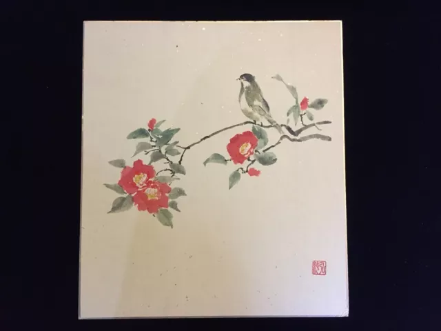S1371 Japanische Papier Kunst Bord Shikishi Vintage Hand- Farbe Signiert Blumen