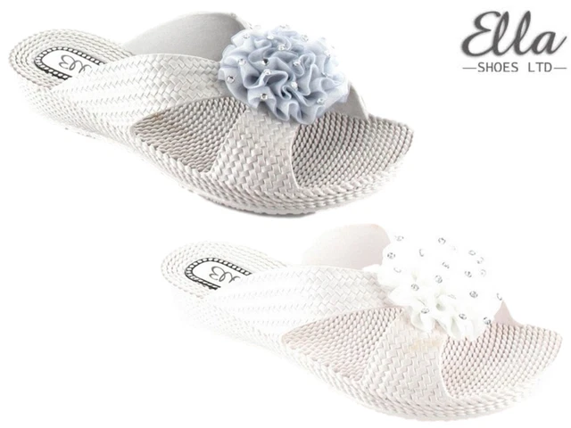 Ladies Ella Sandals Comfort Sliders Flower Diamante Low Wedge Beach Flip Flops