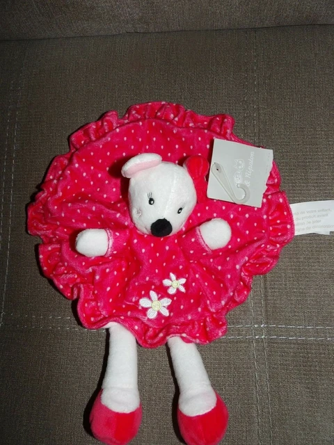 Doudou Souris plat rose a pois blanc fleur noeuds rose Pat & Ripaton  NEUF