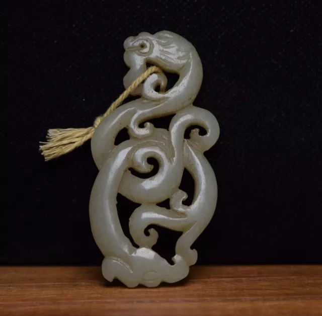 Chinese Natural Hetian Jade Carving Dragon Phoenix Statue Luck Pendant Jewelry