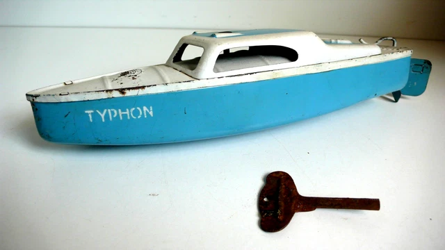 Jouet Ancien JEP Bateau Canot Typhon Mécanique – 1950, 32 Cm, Tôle, Avec Boîte