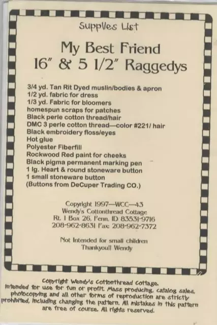 Pattern for cloth rag doll My Best Friend 16” and 5.5” raggedys 1997 2