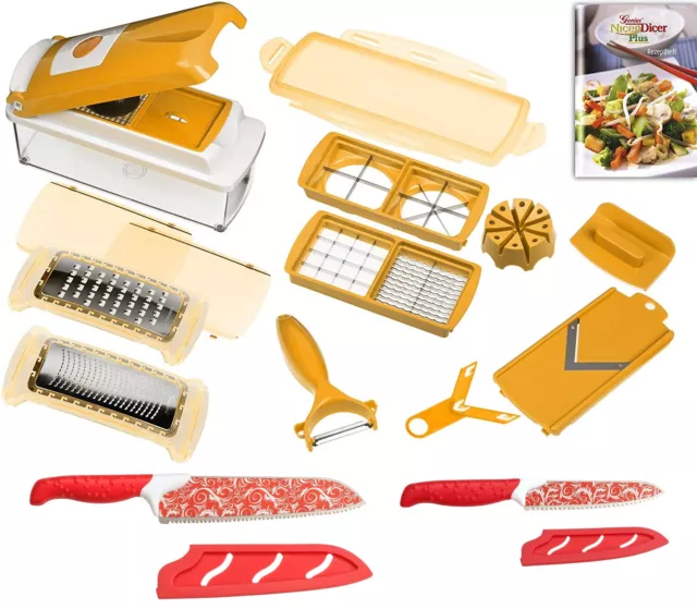 Genius Nicer Dicer Plus Gemüseschneider 14-tlg apricot + Magic-Cut Messerset rot