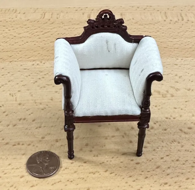 Bespaq Dollhouse Miniature Victorian Armchair White Cushion Parlor Chair Fancy