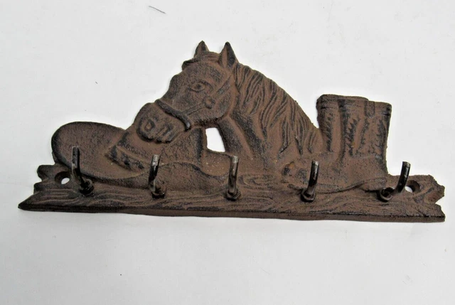 Cast Iron Horse Western Cowboy Hat Boots Wall Mount Key Belt Rack 8.5" 5 Hooks