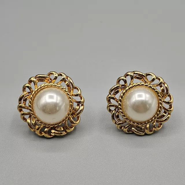 Vintage Napier Earrings Clip On Gold Tone Faux Pearl Stud Filigree Screw Back