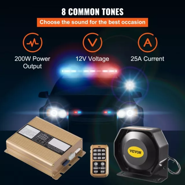 200W 12V 8 Sound Loud Car Alarm PA Siren Horn w/MIC System & Wireless Remote KIT