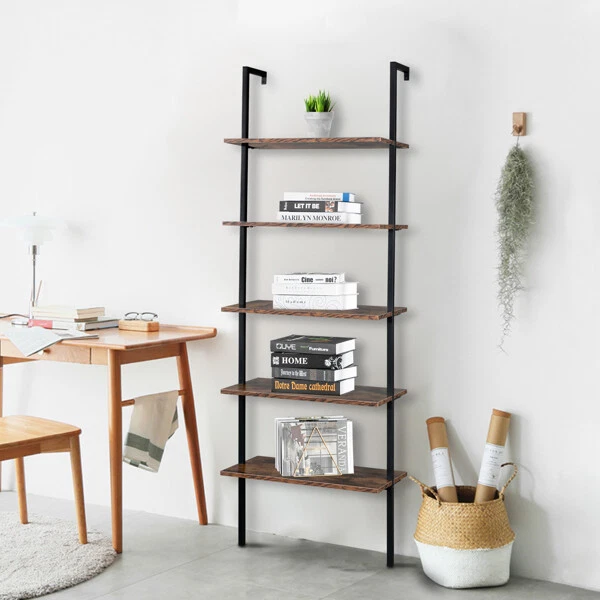 INDUSTRIAL WALL MOUNTED Bookcase 5Tier Open Ladder Shelf Bookshelf 66