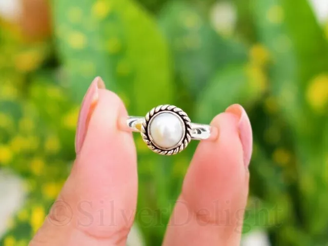 White Pearl Ring, Handmade Silver Pearl Jewelry Ring, Beautiful Stone Ring,