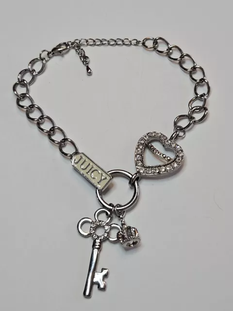 Juicy Couture Silvertone Bracelet w/ Crystal Rhinestone Heart, Crown & Key Charm