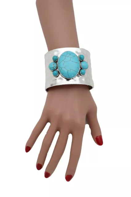 Women Ethnic Cuff Bracelet Silver Metal Turquoise Blue Bead Western Cool Jewelry