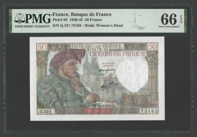 France 50 Francs 18-12-1941 P93 Uncirculated Graded 66