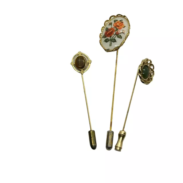Lapel Stick Pin Set Of 3 Vintage Womens Gold Tone Tiger's Eye Green Stone