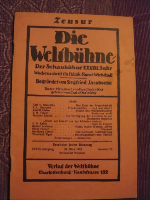 Tucholsky Theobald Tiger-Beschlagnahmefreies Gedicht- Die Weltbühne Orig EA 1932