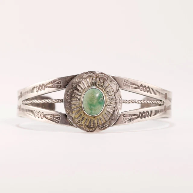Early Old Pawn Sterling Turquoise Stamps Twisted Wire Cuff Bracelet 6.75"