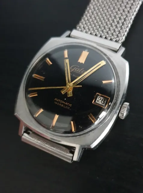 70s Gala Automatic-date Vintage Watch Steel Case Swiss Black Dial