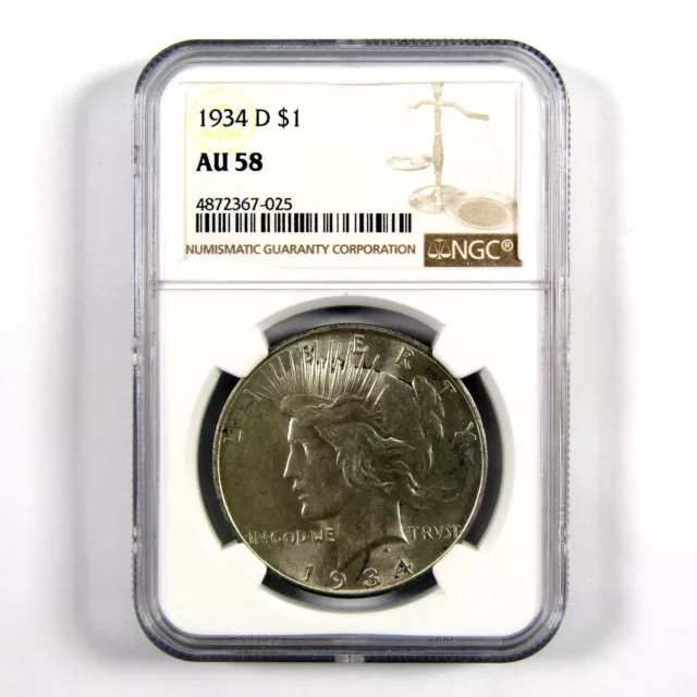 1934 D Small Date Peace Dollar AU 58 NGC 90% Silver $1 Coin SKU:I11082