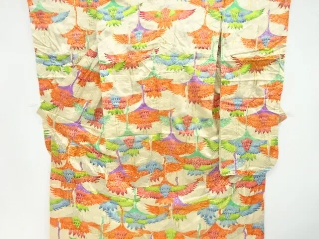 80165# Japanese Kimono / Antique Furisode / Embroidery / Cranes