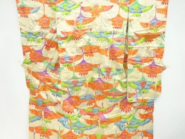 80165# Japanese Kimono / Antique Furisode / Embroidery / Cranes