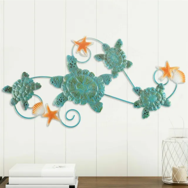 Sea Turtle Star Fish Metal 3D Look Wall Hanging Nautical Theme 28 Inch Plaque