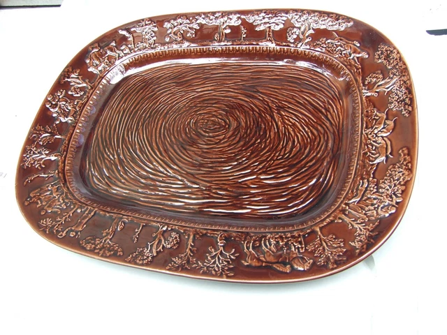 Antique Majolica Large  Charger Platter W Hunting Scenes Dogs & Horses C.1900