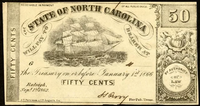 Sep 1, 1862 Raleigh NC State of North Carolina 50¢ Note Low Serial Number 11