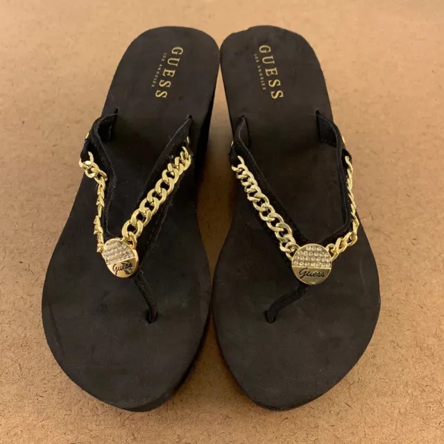 GUESS Women's Shoe Size 8M Black Swing Chain Platform Wedge Flip-Flops New