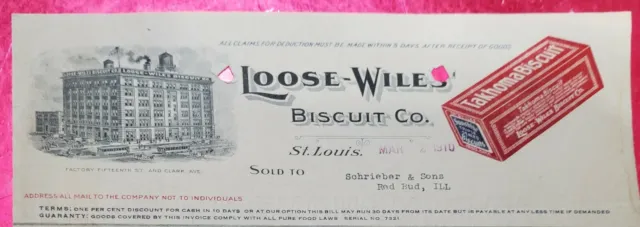 Vignette Billhead Letterhead Ephemera LOOSE & WILES BISCUIT CO ST LOUIS MO 1910