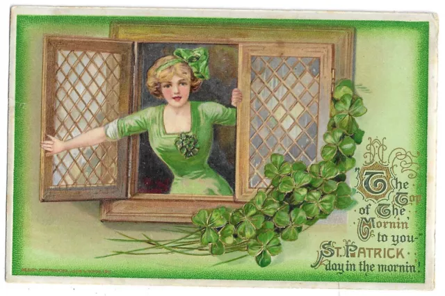 Winsch Postcard St. Patrick Lady Opening Window