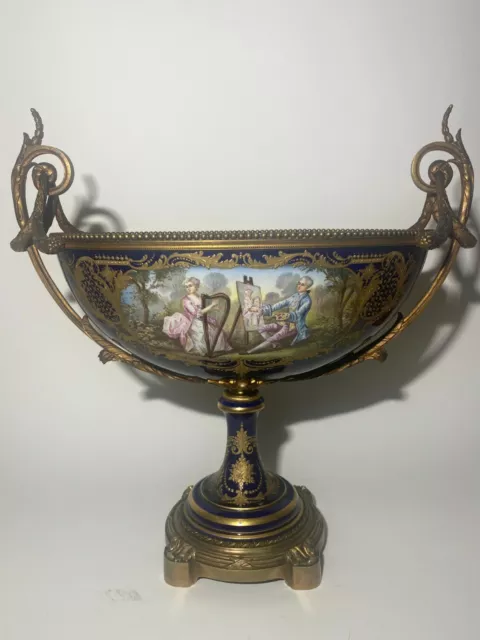 Large Sevres style centerpiece 19th century French porcelain blue ground