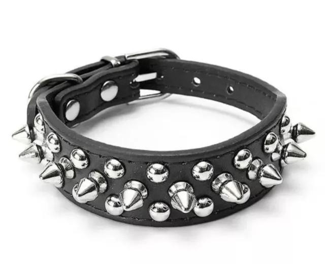 Spiked Studded PU Leather Dog Or Cat Collar Sz. Large, Black - New