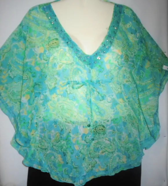 Metro 7 Womens Top Blouse Caftan Style Sheer Beads Ties Size M Aqua Yellow