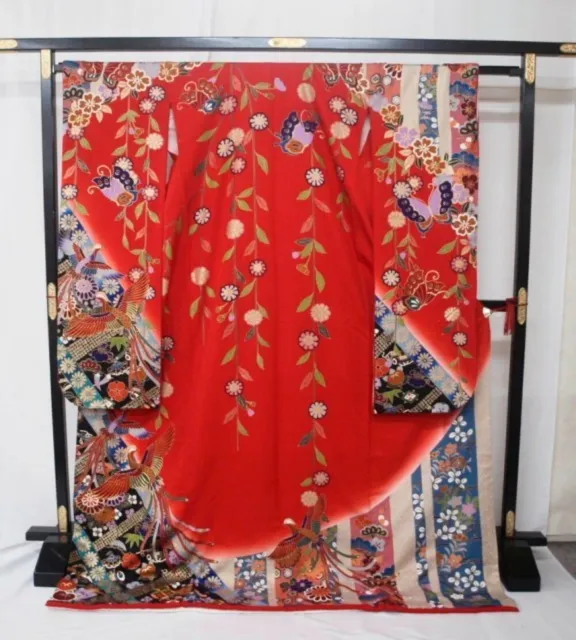 Woman Japanese Kimono Furisode Silk Red from japan