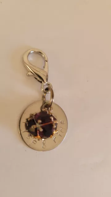 Silver Bridle Charm Hand Stamped with "rise & ride" and Amethyst Rhinestone